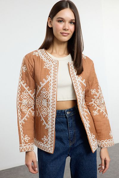 Trendyol Collection Camel Regular Diework Detailed Lined Thin Jacket Coat Twoaw25Mo00327