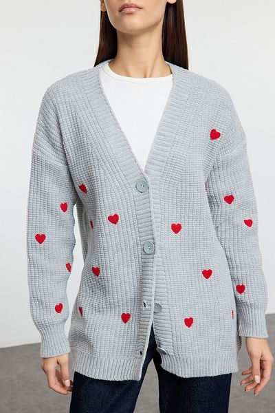 Edit by Trendyol Gray Heart Patterned Comfortable Fit Knitwear Cardigan Tedaw25Th00004