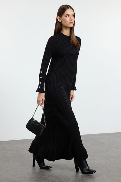 Trendyol Modest Černá sukně volánkové šaty z žebrovaného úpletu Tctaw25Eb00016