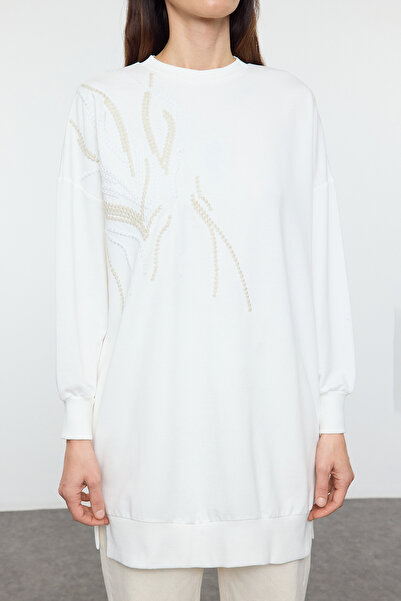 Trendyol Modest Ecru Knitted Sweatshirt - Embroidery Detail, Tctaw25Tw00012