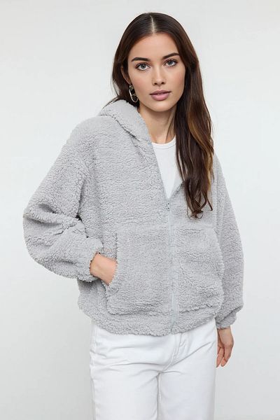 Trendyol Collection Světle šedá plyšová mikina na zip s kapucí – tlustá pletená Twoaw25Sw00238