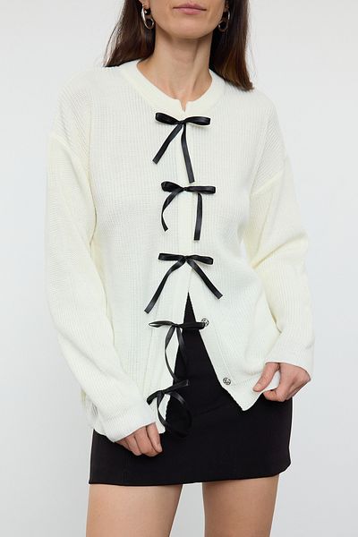 Edit by Trendyol Knitwear Cardigan - Ecru Ribbon Detail, Tedaw25Hi00027