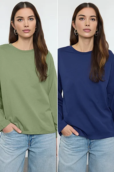 Trendyol Collection 2 csomag 100% egyszínű mez sötétkék és khaki széles szabású póló - TWOAW25TS00004