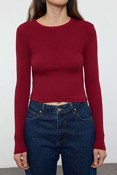 Trendyol Collection Μπλούζα εκρού-μπορντό με ραβδώσεις - Crew λαιμόκοψη, ελαστικό πλεκτό, εφαρμοστό σώμα TWOAW22BZ0331