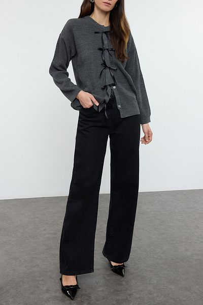 Edit by Trendyol Anthracite Ribbon Detailed Knitwear Cardigan Tedaw25Hi00027