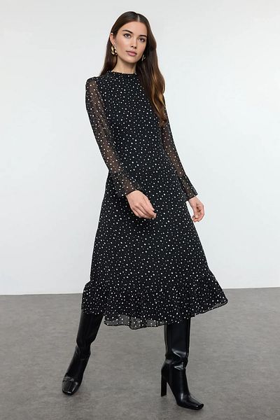 Trendyol Collection Fekete-fehér pöttyös nyomatú A-vonalú Midi bélésű sifon szőtt téli ruha TWOAW25EL00173