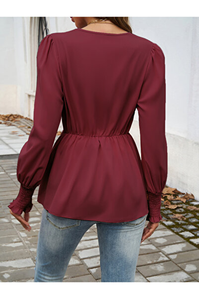 DY By Styli Solid Smocking Cuff Ruffle Hem Tie Blouse