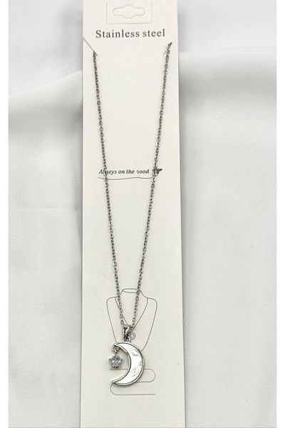 Stoneday Stainless Steel Silver Moon Star Stone Necklace