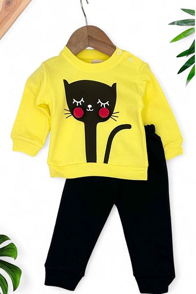 VOY KİDS Baby Girl Seasonal Cat Printed 3-6-9-12 Months Daily Bottom Top Suit