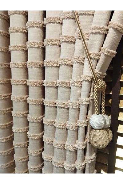 CEMRE Dream Background Tasseled Light Beige Linen 1St Quality 1/3 Tight Pleat (Single Wing)