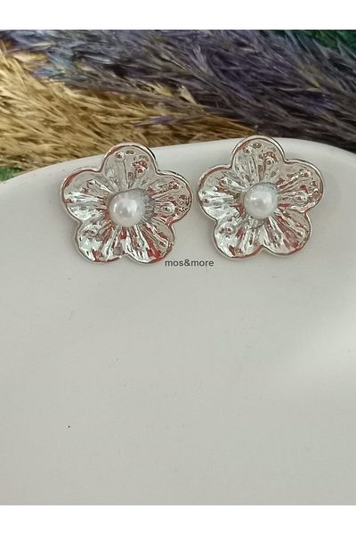 mos&more Silver Color Pearl Flower Women's Earrings