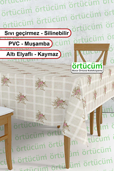 Örtücüm Pvc Astarlı Muşamba Mutfak Masa Örtüsü Bej Mini Çiçek Desenli Leke Tu...