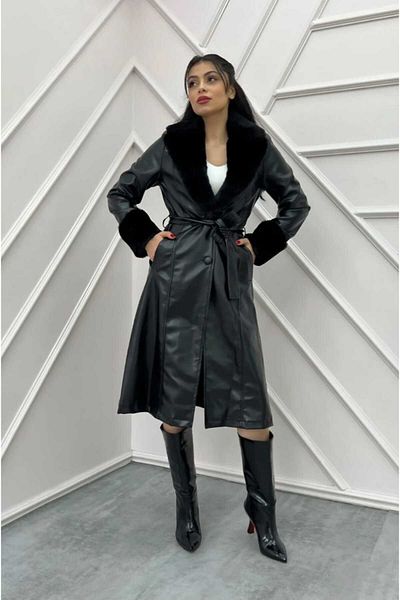 HARMAN BUTİK Women's Leather Trench Coat - Lined and Fur Collar