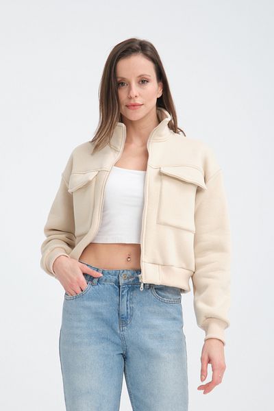 Store Women's Cotton with Fleece Inside with Pocket Crop Jacket-Cardigan