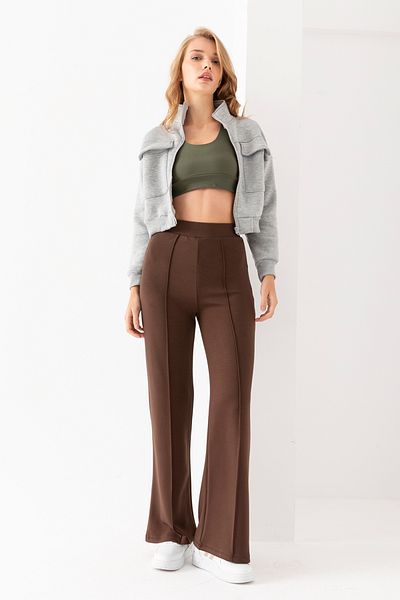 LEBRA Pantaloni de damă, maro, cu nervuri în față, cu potrivire largă, cu picior largi, din țesătură modal, cu talie înaltă, cu adunare, jambiere