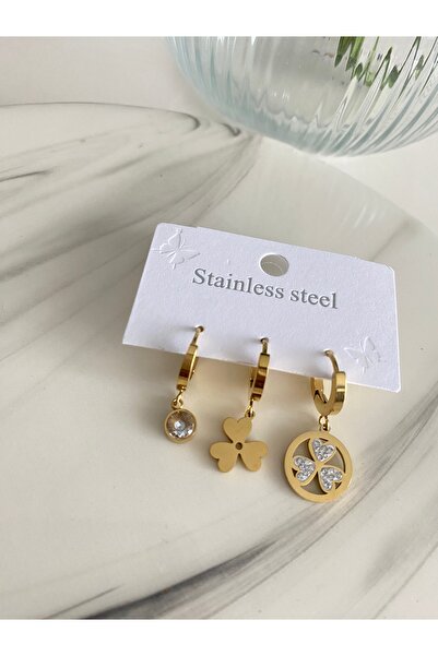 NOVARİKA Kadın 3'lü Yonca Detaylı Taşlı Sallantılı Yüksek Kaliteli Çelik Kara...