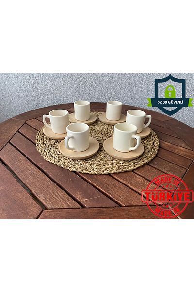 CeM Porselen Luxury Classic Model White Coffee Cup for 6 People with 12 Pieces Wooden Plates