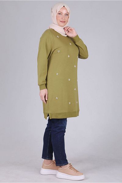 Moda Rosa 25K2041 - Oil Green - Plus Size Hijab Pearl Detailed Tunic