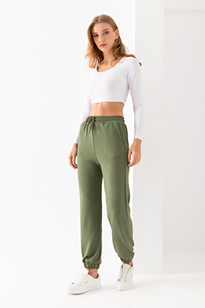 LEBRA Жіночі хакі модальні штани з високою талією, двома кишенями, м'якою тек...