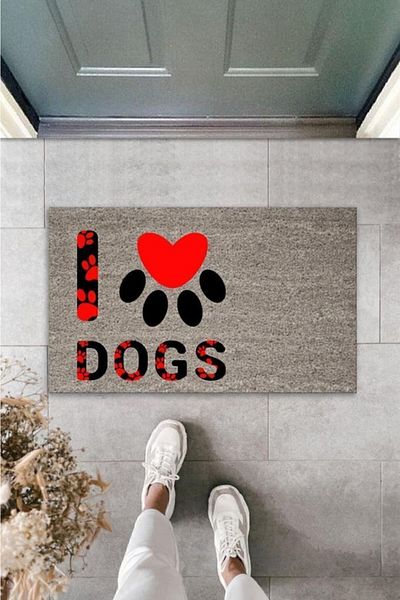 Dormot Home Gray Red Heart Paw - I Love Dogs Decorative Door Mat
