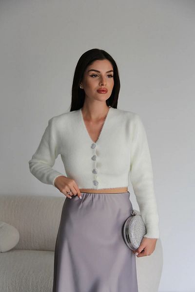 Julidress Silver Stone Heart Button V-Neck Soft Teddy Premium Cardigan