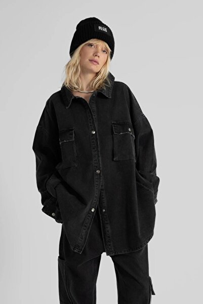 pulur.co Siyah Oversize Denim Gömlek