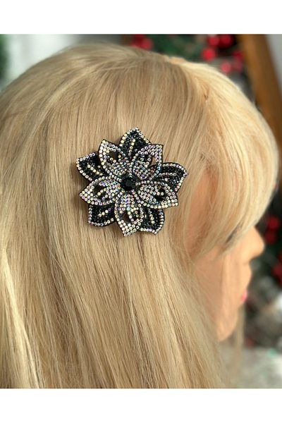 QUEEN AKSESUAR Black Hologram Star Flower - Crystal Stone Detailed Side Buckle with Collet, for Birthday and New Year