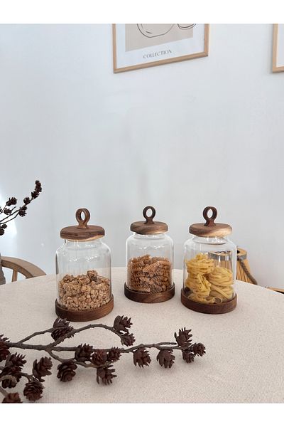 KaiHome 3-Piece Acacia Glass Jar with Lid and Acacia Base Detail