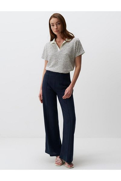 Jimmy Key Navy Blue Wide Leg High Waist Linen Trousers