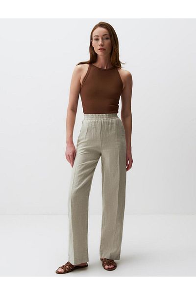 Jimmy Key Beige Melange Wide Leg Linen Trousers with Elastic Waist