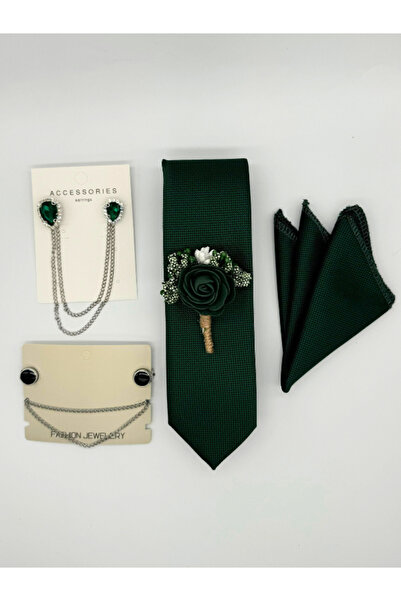 HARES Groom's Tie Set - Handkerchief, Jacket Collar Chain and Flower Detail, Clip-on Shirt Collar