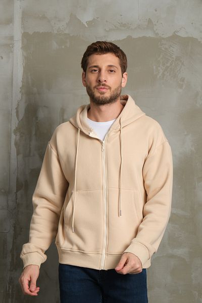 FASİON Men's Basic Zippered Hooded Oversize Cardigan