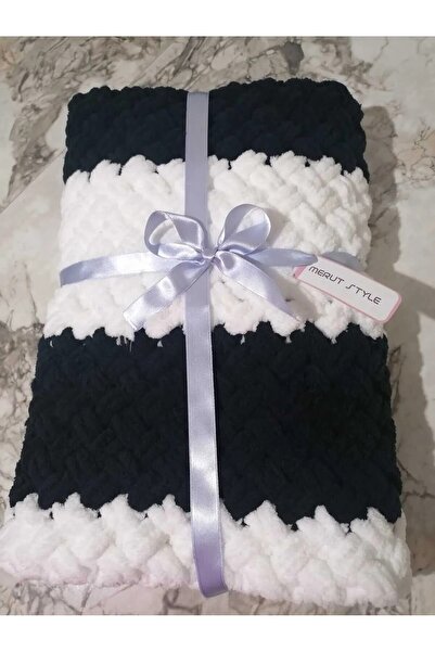 MERUT STYLE HAYATINI RENKLENDİR El Örgüsü Alize Puffy Bebek Battaniyesi Siyah Beyaz Hasır Desen