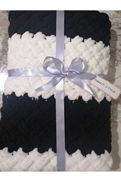 MERUT STYLE HAYATINI RENKLENDİR El Örgüsü Alize Puffy Bebek Battaniyesi Siyah Beyaz Hasır Desen