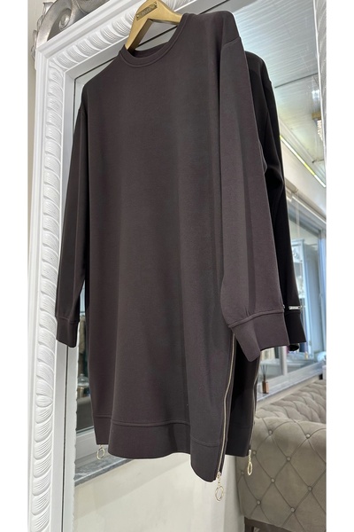 Invee İNVEE 7047 Fermuar Detaylı İki İplik Tunik - Kahve