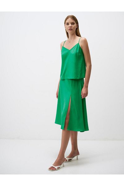 Jimmy Key Green Slit Detailed High Waist Linen Midi Skirt