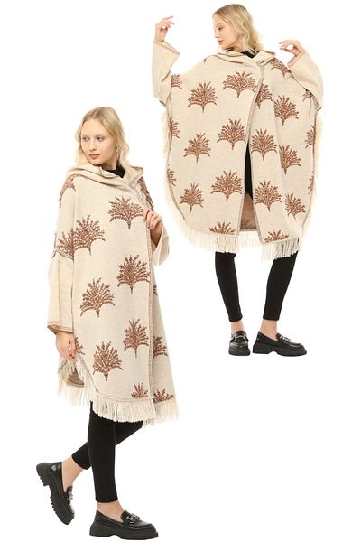 marufshop Women's Large Size Tassel Detailed Hooded Winter Thick Plane Patterned Poncho