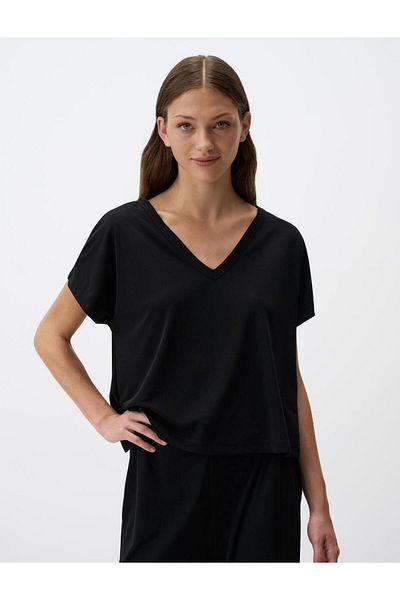 Jimmy Key Black V-Neck Short Sleeve Solid Blouse