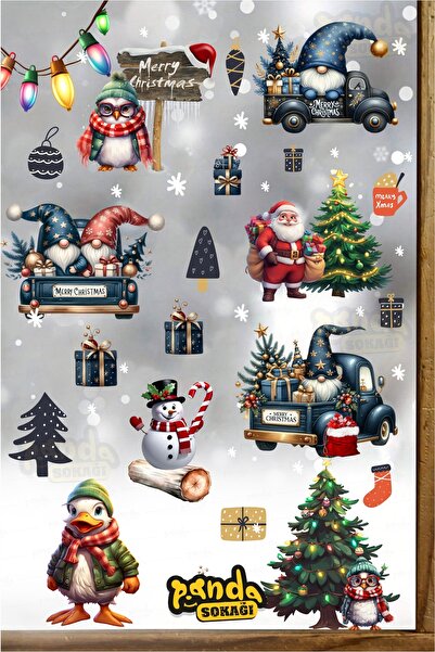 PANDA SOKAĞI Sevimli Yılbaşı ve Arabadaki Cüceler Yeni Yıl Hediyesi Cam Duvar Sticker Seti