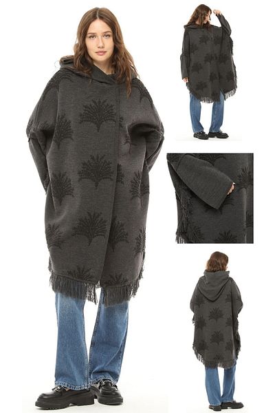 marufshop Women's Large Size Tassel Detailed Hooded Winter Thick Plane Patterned Poncho