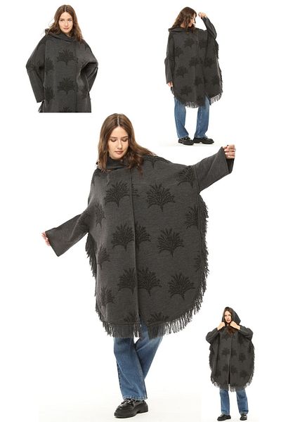 marufshop Women's Large Size Tassel Detailed Hooded Winter Thick Plane Patterned Poncho