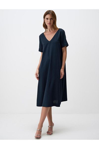 Jimmy Key Navy Blue V Neck Relaxed Fit Short Sleeve Midi Dress