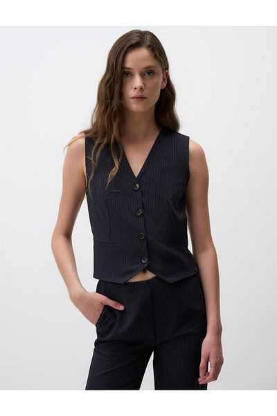 Jimmy Key Navy Blue Slim Fit V-Neck Stripe Patterned Vest