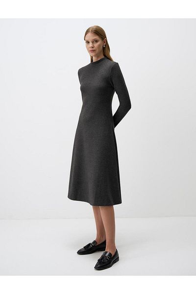 Jimmy Key Anthracite Melange Half Turtleneck Long Sleeve Midi Dress