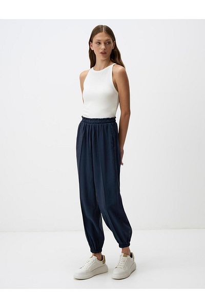 Jimmy Key Navy Blue Elastic Waist Tight Leg Pocket Trousers