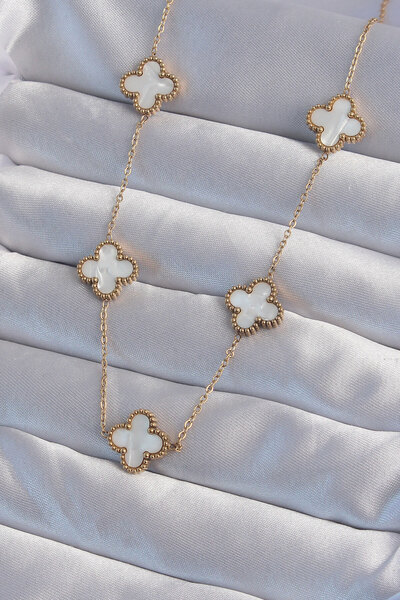 Generic Brand 316L Steel Gold Color White Pearlescent Clover Necklace - Tj-Bk...