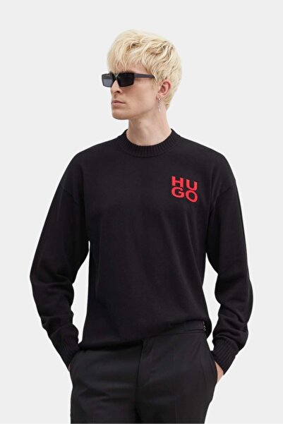 HUGO Erkek Bisiklet Yaka Regular Fit Marka Logolu Uzun Kollu Siyah Kazak 50516617-001