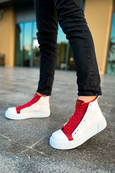 Joy Man Cizme sport pentru bărbați J167 Blazer - piele casual, talpă ortopedică, cu șireturi și fermoar, alb/roșu CBT
