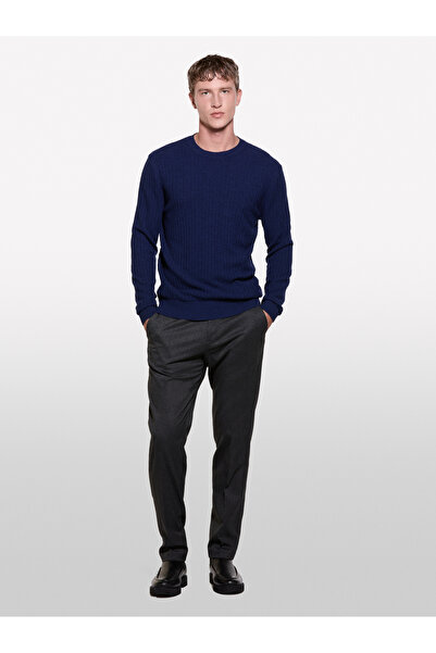 Sisley Ανδρικό πουλόβερ με λαιμόκοψη σε μπλε ναυτικό χρώμα, μείγμα από μαλλί, κανονική εφαρμογή