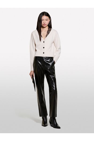 Sisley Cardigan de damă, bej, amestecat de lână, cu detaliu din dantelă, cu guler lat